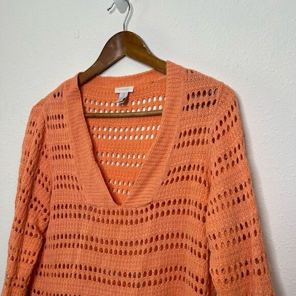 Chico’s Coral Open Knit Linen Crochet V Neck Beachy Top Size 2 (L) - Picture 2 of 13